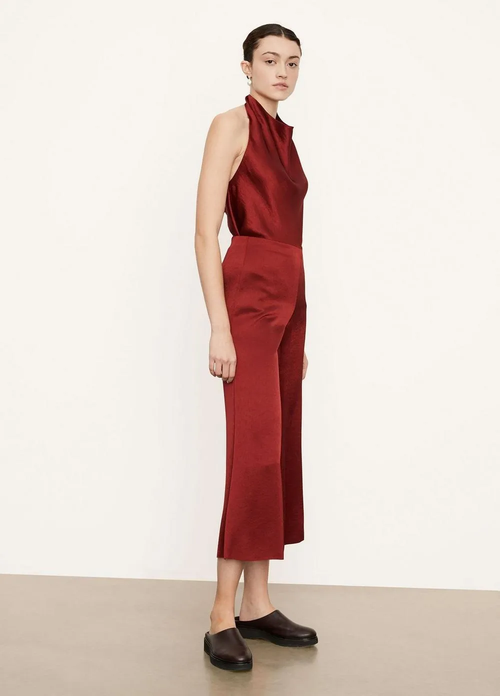 Satin Wide Flair Pant in Currant