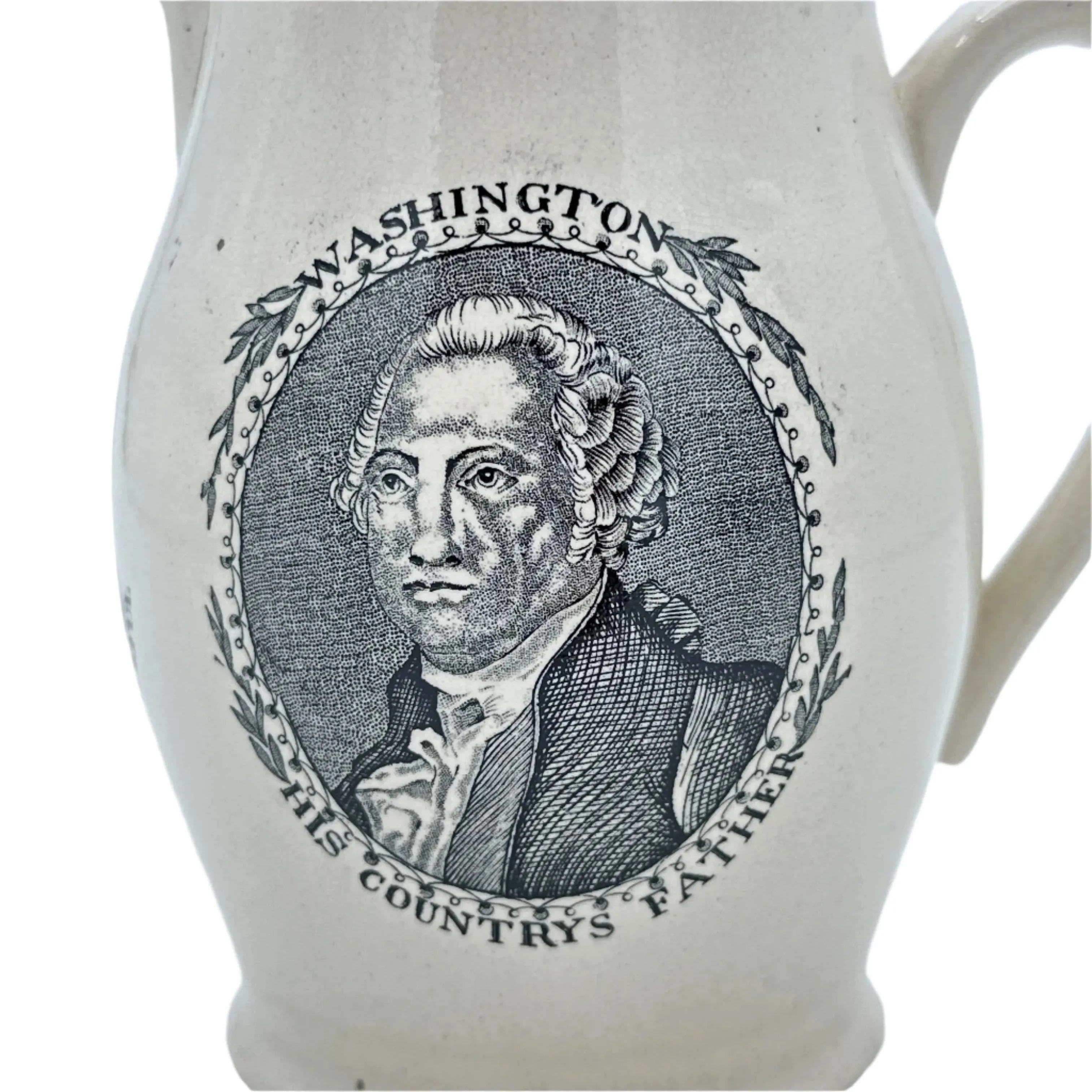 Small creamware pitcher with George Washington and Benjamin Franklin