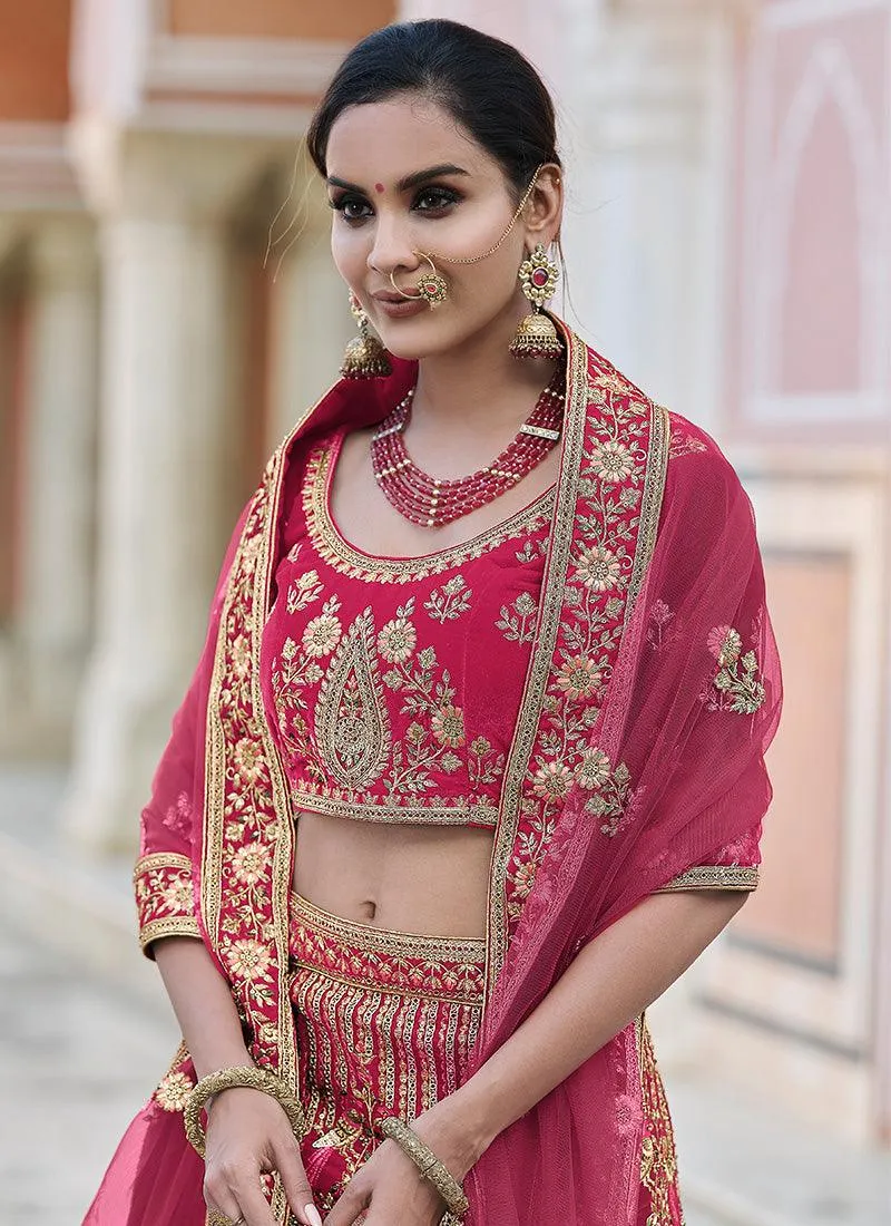 Sumptuous Zari And Stone Work Pink Color Velvet Fabric Lehenga Choli