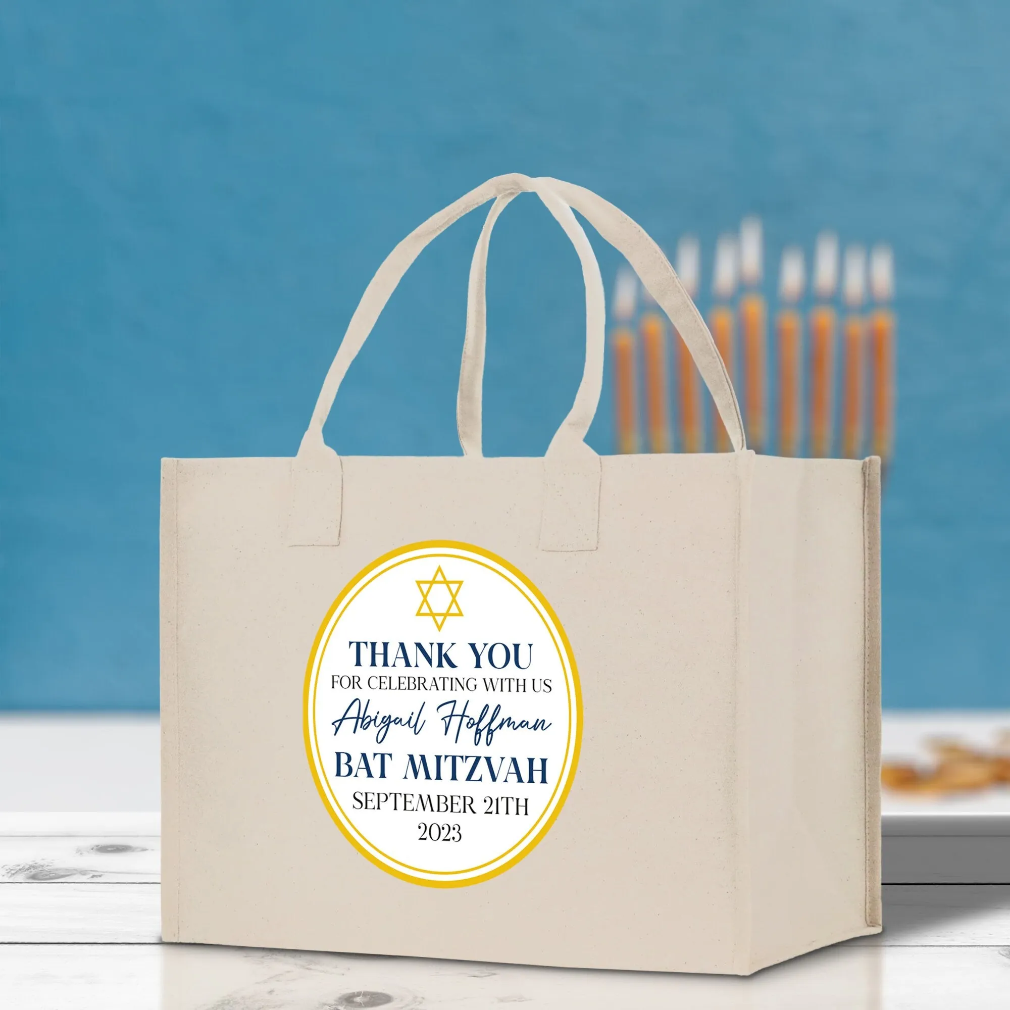 Thank You Bat Mitzvah Custom Name and Date Cotton Canvas Personalized Tote Bag Jewish Celebration Bag
