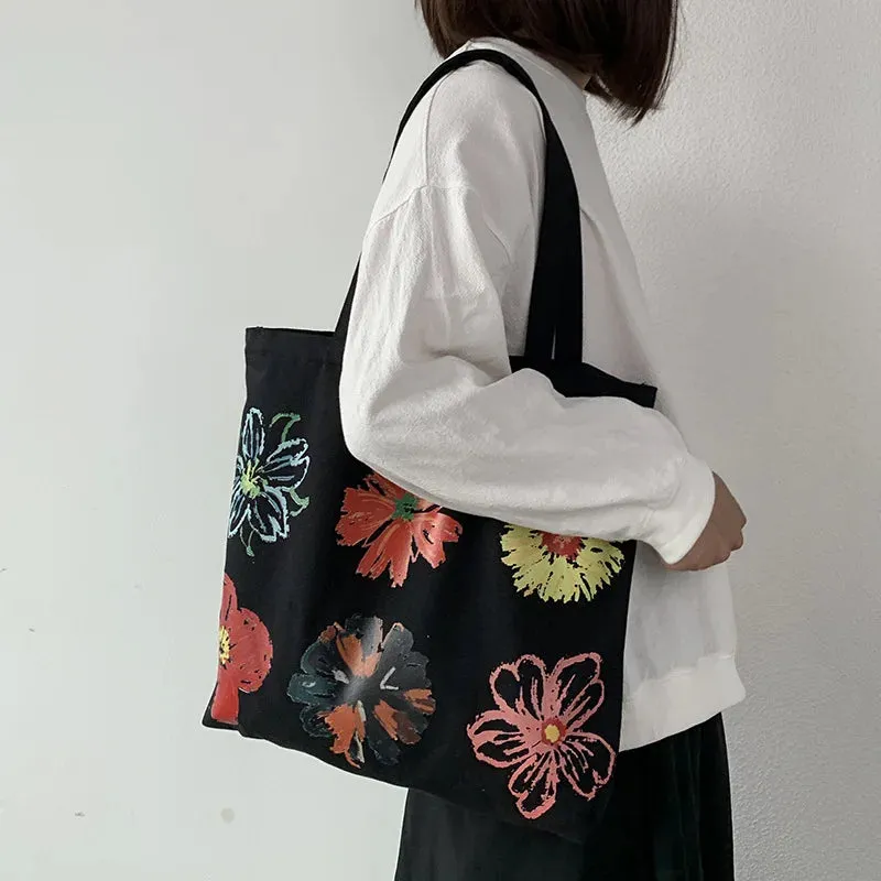 UAKISS  - Floral Large Capacity Canvas Shoulder Handbag Folding Eco-Friendly Cotton Tote Bags Reusable DIY Shoulder Bag Grocery Bag