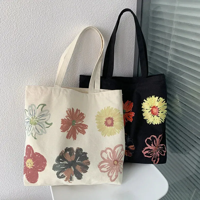 UAKISS  - Floral Large Capacity Canvas Shoulder Handbag Folding Eco-Friendly Cotton Tote Bags Reusable DIY Shoulder Bag Grocery Bag