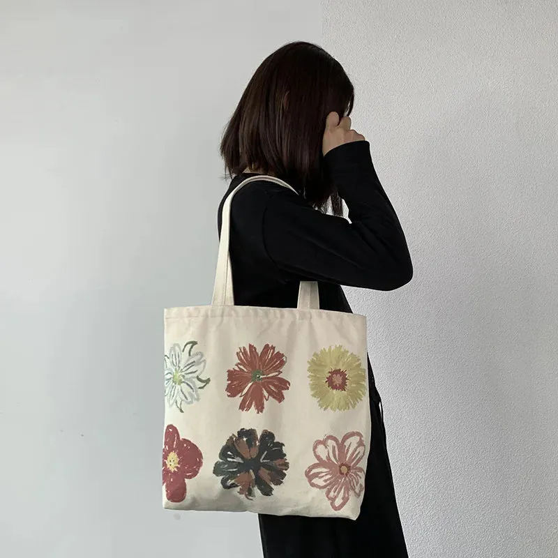 UAKISS  - Floral Large Capacity Canvas Shoulder Handbag Folding Eco-Friendly Cotton Tote Bags Reusable DIY Shoulder Bag Grocery Bag