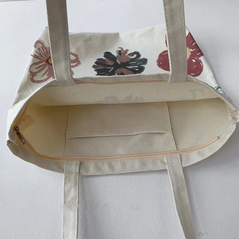 UAKISS  - Floral Large Capacity Canvas Shoulder Handbag Folding Eco-Friendly Cotton Tote Bags Reusable DIY Shoulder Bag Grocery Bag