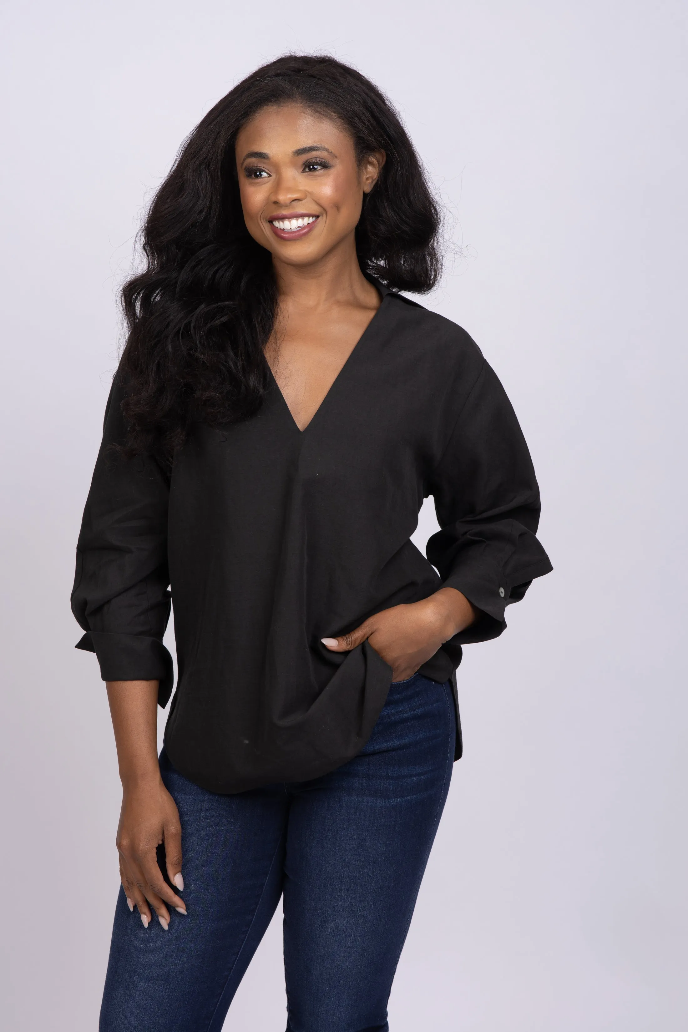 Vince Shaped Collar V-Neck Shirt in Black