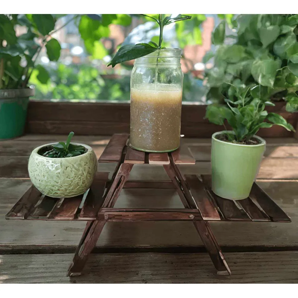 Wooden Handcrafted Antique Finish Foldable Flower Pot Plant Stand