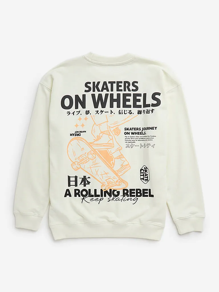Y&F Kids Off-White Text Printed Cotton Blend Sweatshirt