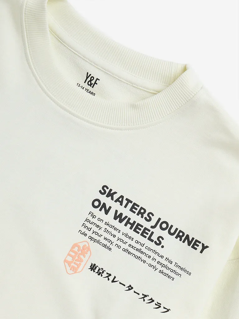 Y&F Kids Off-White Text Printed Cotton Blend Sweatshirt