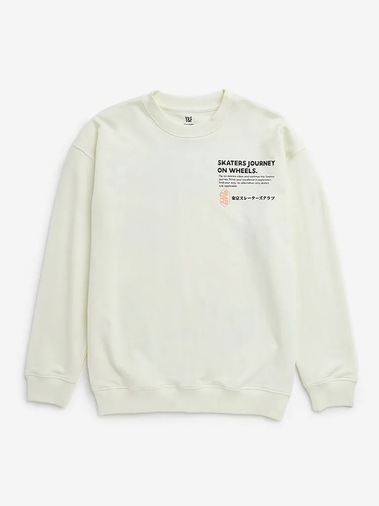 Y&F Kids Off-White Text Printed Cotton Blend Sweatshirt